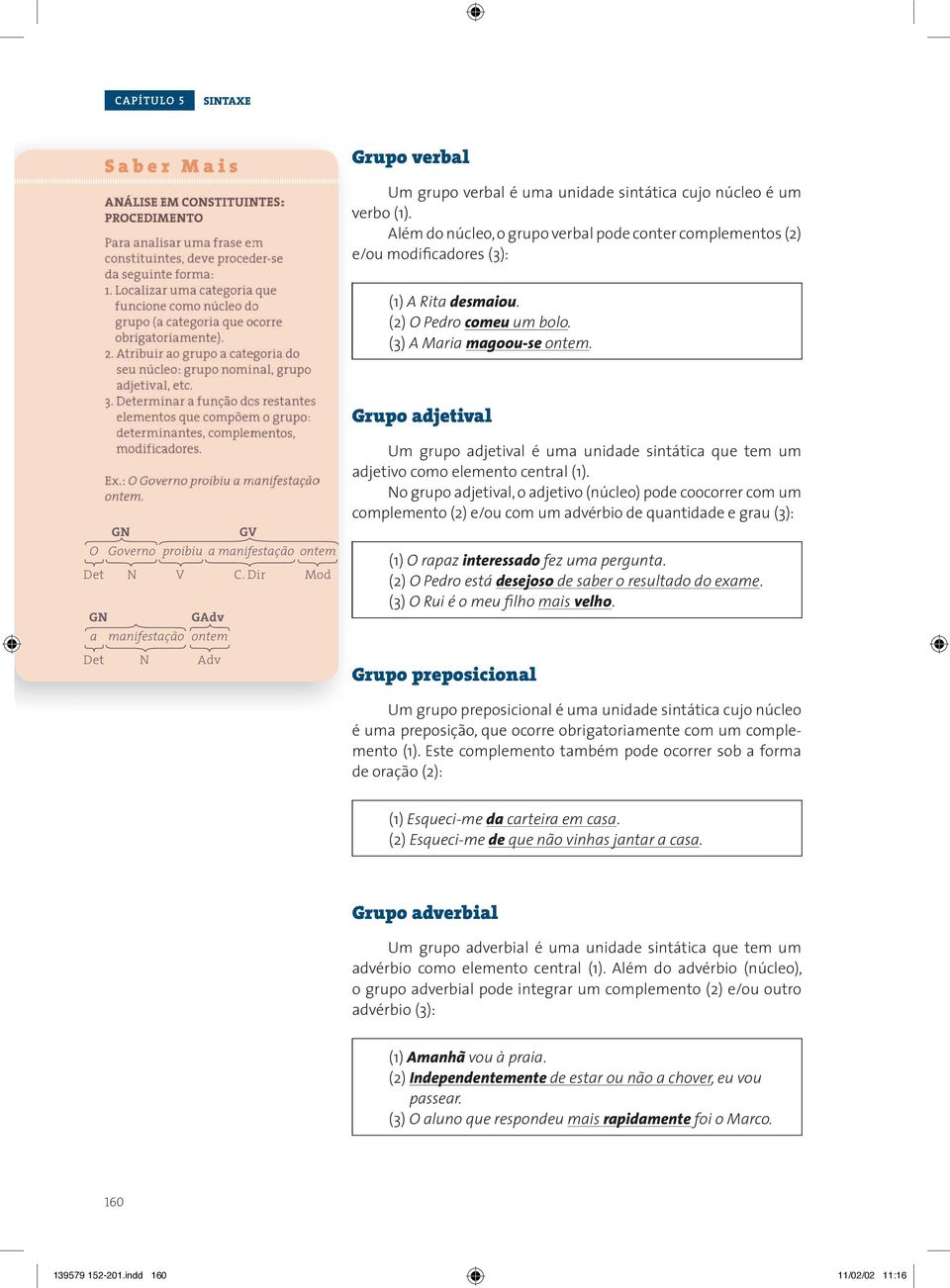 Grupo adjetival GN O Governo GV proibiu a manifestação ontem Det N V C.