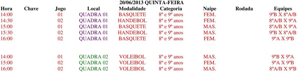 8ºA/B X 9ºA 15:30 02 QUADRA 01 HANDEBOL 8º e 9º anos MAS. 9ºB X 8ºA/B 16:00 02 QUADRA 01 BASQUETE 8º e 9º anos FEM.