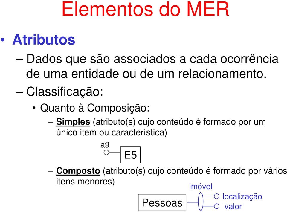 Classificação: Elementos do MER Quanto à Composição: Simples (atributo(s) cujo