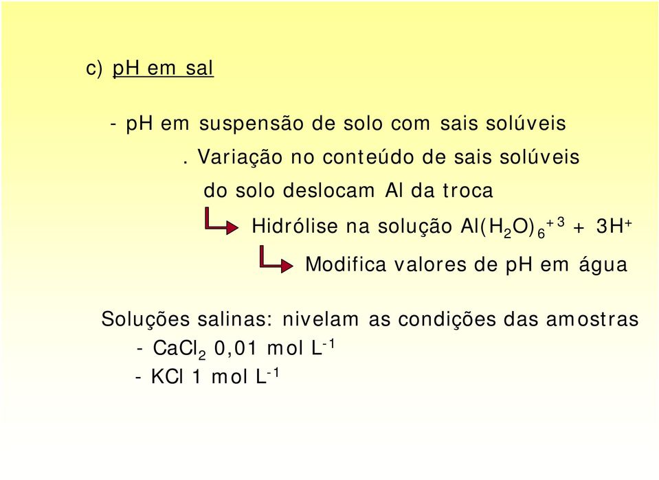 Hidrólise na solução Al(H 2 O) +3 6 + 3H + Modifica valores de ph em