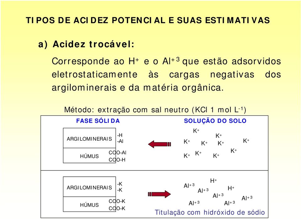 Método: extração com sal neutro (KCl 1 mol L -1 ) FASE SÓLIDA SOLUÇÃO DO SOLO ARGILOMINERAIS -H -Al K + K + K + K + K
