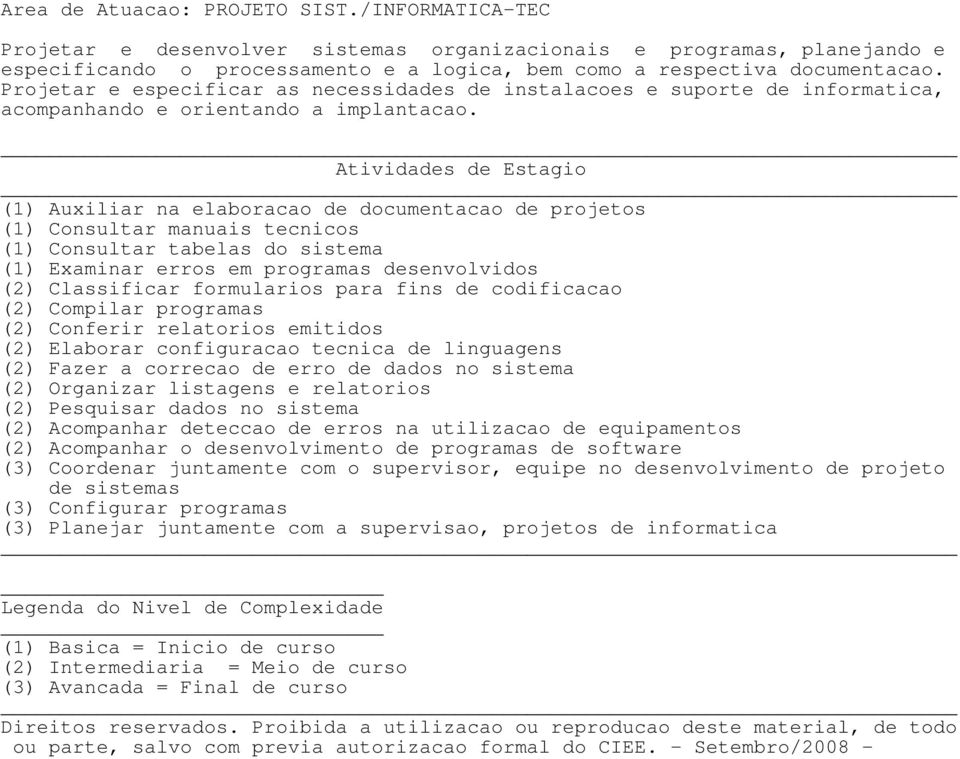 (1) Auxiliar na elaboracao de documentacao de projetos (1) Consultar tabelas do sistema (1) Examinar erros em programas desenvolvidos (2) Classificar formularios para fins de codificacao (2) Compilar