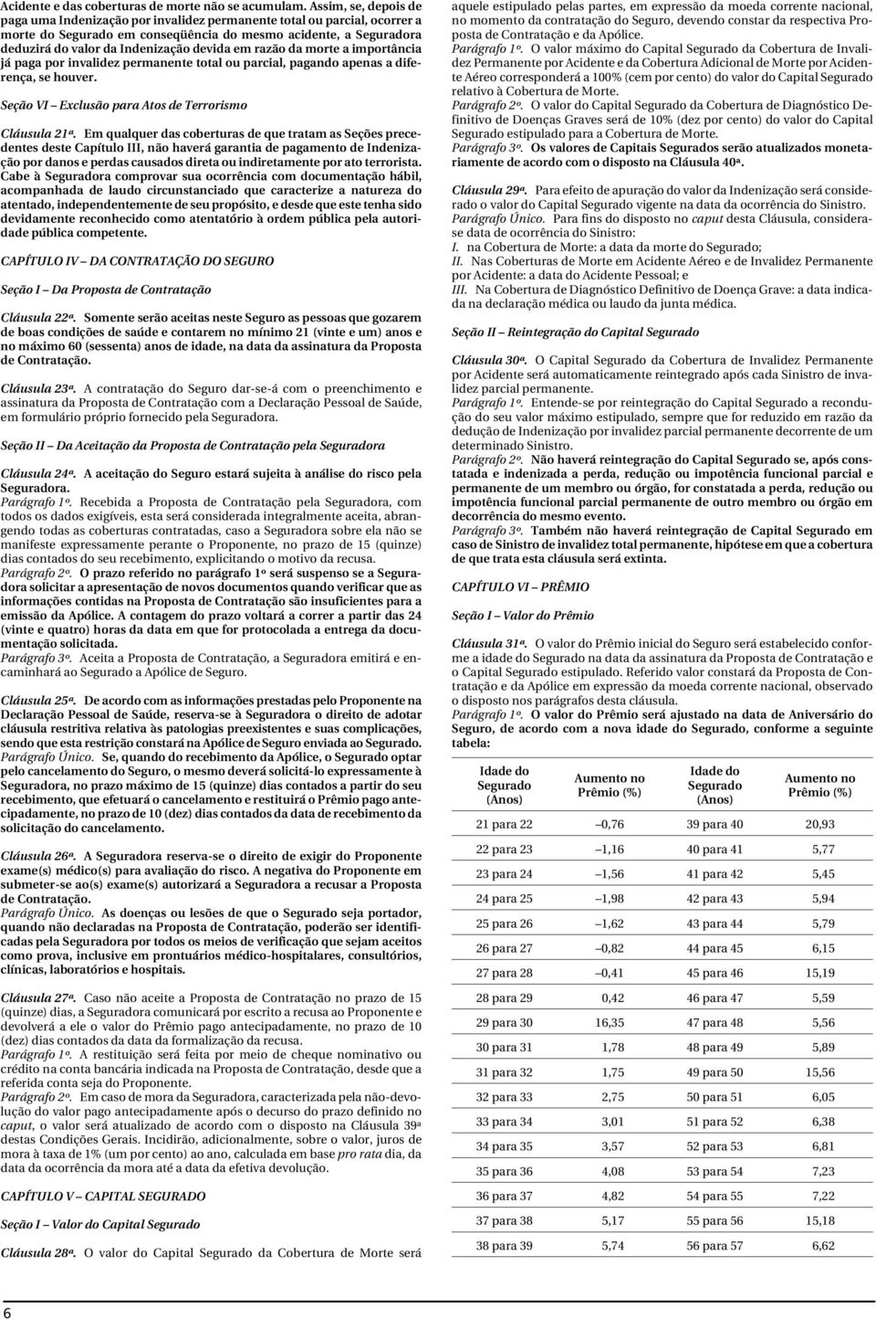 devida em razão da morte a importância já paga por invalidez permanente total ou parcial, pagando apenas a diferença, se houver. Seção VI Exclusão para Atos de Terrorismo Cláusula 21ª.