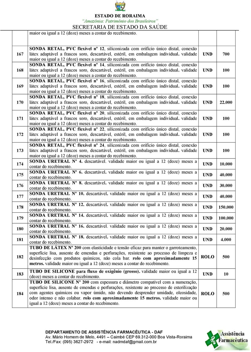 validade maior ou igual a 12 (doze) meses a contar do SONDA RETAL, PVC flexível nº 14, siliconizada com orifício único distal, conexão  validade maior ou igual a 12 (doze) meses a contar do SONDA