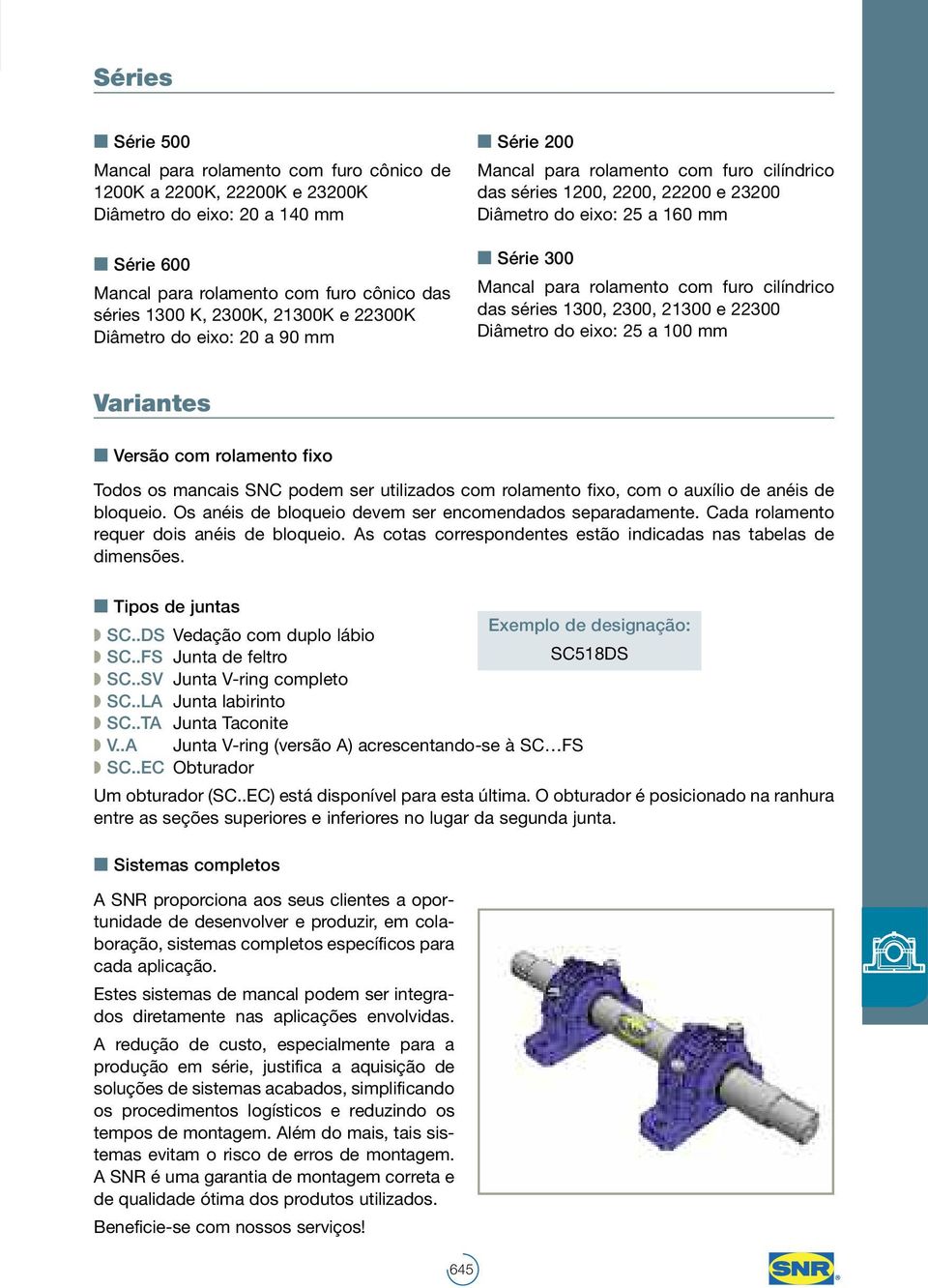 cilínrico as séries 1300, 2300, 21300 e 22300 Diâmetro o eixo: 25 a 100 mm Variantes Versão com rolamento fixo Toos os mancais SNC poem ser utilizaos com rolamento fixo, com o auxílio e anéis e