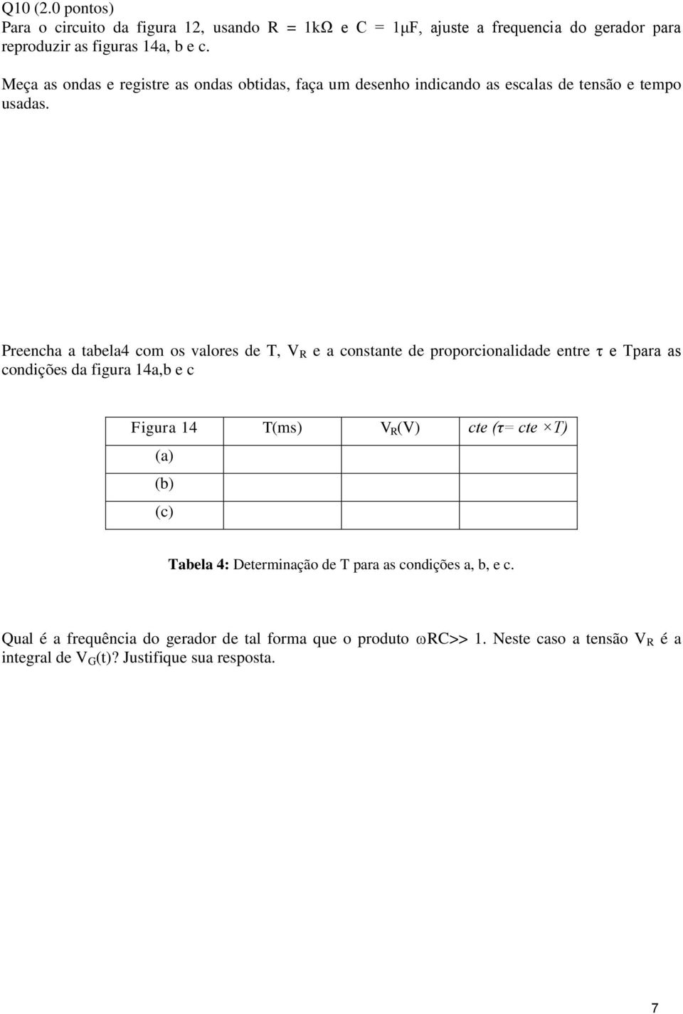 Preencha a tabela4 com os valores de T, V R e a constante de proporcionalidade entre τ e Tpara as condições da figura 14a,b e c Figura 14 T(ms) V R (V) cte