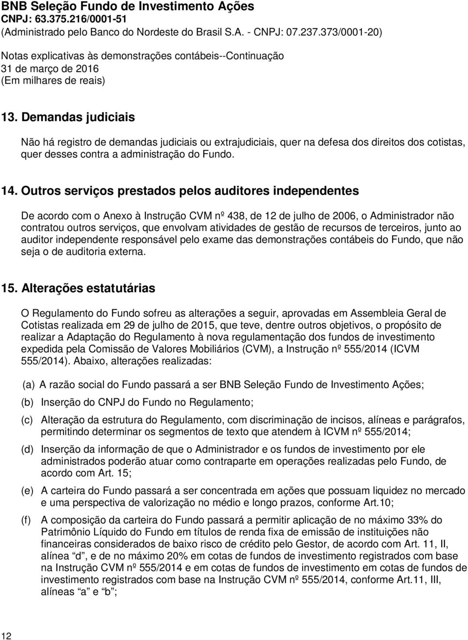 gestão de recursos de terceiros, junto ao auditor independente responsável pelo exame das demonstrações contábeis do Fundo, que não seja o de auditoria externa. 15.