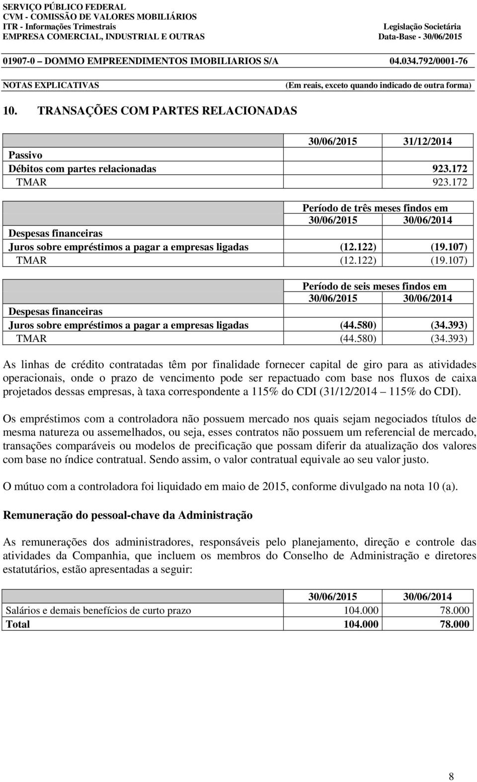 107) TMAR (12.122) (19.107) Período de seis meses findos em Despesas financeiras Juros sobre empréstimos a pagar a empresas ligadas (44.580) (34.