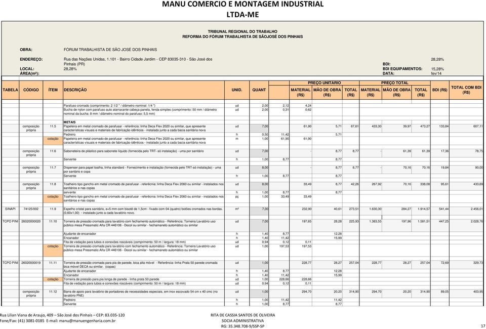 QUANT PREÇO UNITÁRIO PREÇO BDI COM BDI Parafuso cromado (comprimento: 2 1/2 " / diâmetro nominal: 1/4 ") ud 2,00 2,12 4,24 Bucha de nylon com parafuso auto atarraxante cabeça panela, fenda simples