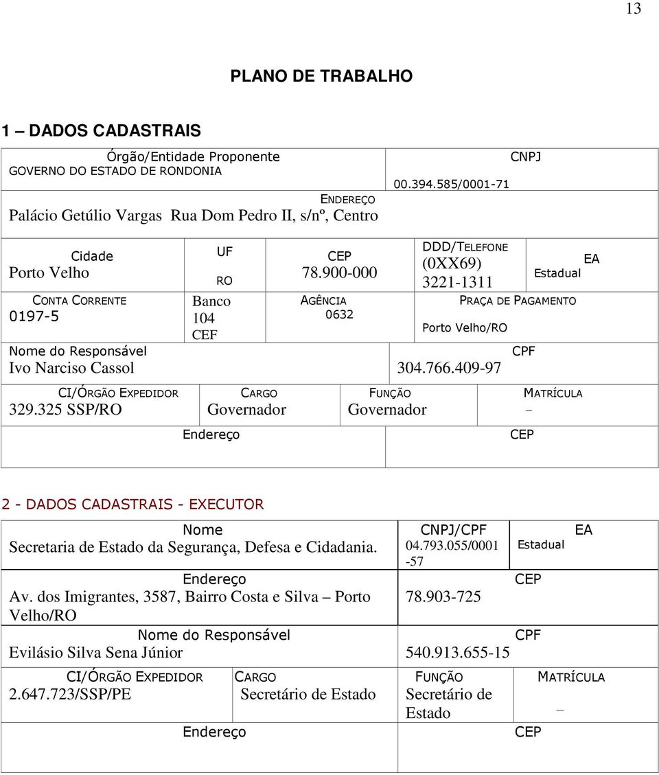 900-000 AGÊNCIA 0632 DDD/TELEFONE (0XX69) 3221-1311 EA Estadual PRAÇA DE PAGAMENTO Porto Velho/RO 304.766.409-97 CPF CI/ÓRGÃO EXPEDIDOR 329.