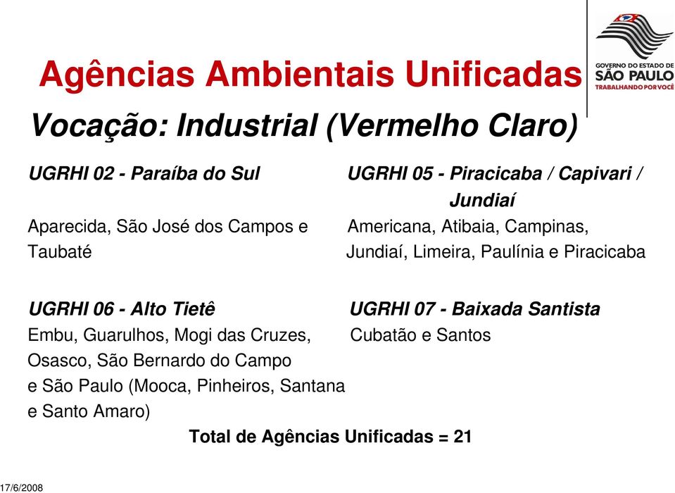 Limeira, Paulínia e Piracicaba UGRHI 06 - Alto Tietê UGRHI 07 - Baixada Santista Embu, Guarulhos, Mogi das Cruzes,