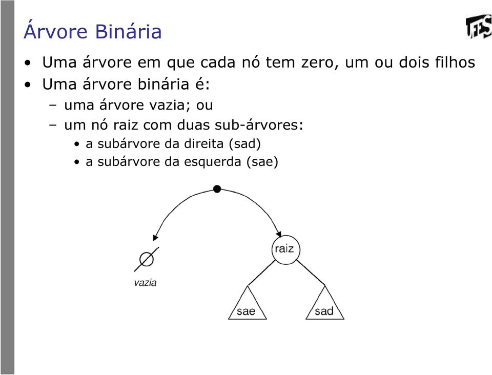 vazia; ou um nó raiz com duas sub-árvores: a