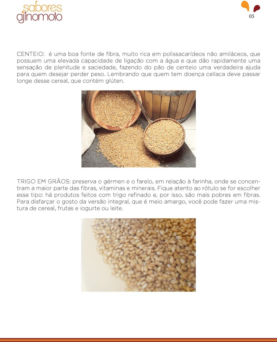 Trigo em grãos: preserva o gérmen e o farelo, em relação à farinha, onde se concentram a maior parte das fibras, vitaminas e minerais.