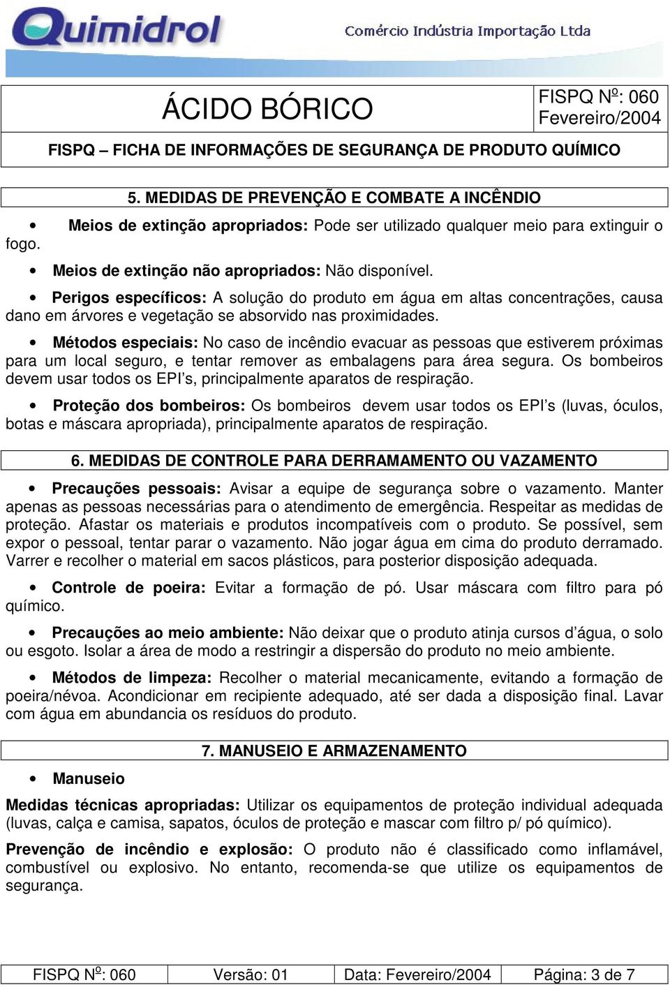 ÁCIDO BÓRICO FISPQ FICHA DE INFORMAÇÕES DE SEGURANÇA DE PRODUTO QUÍMICO -  PDF Download grátis