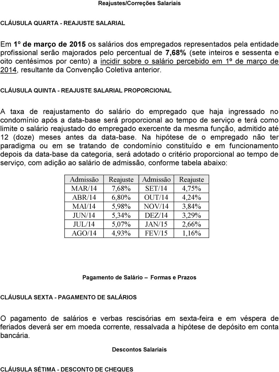 CLÁUSULA QUINTA - REAJUSTE SALARIAL PROPORCIONAL A taxa de reajustamento do salário do empregado que haja ingressado no condomínio após a data-base será proporcional ao tempo de serviço e terá como