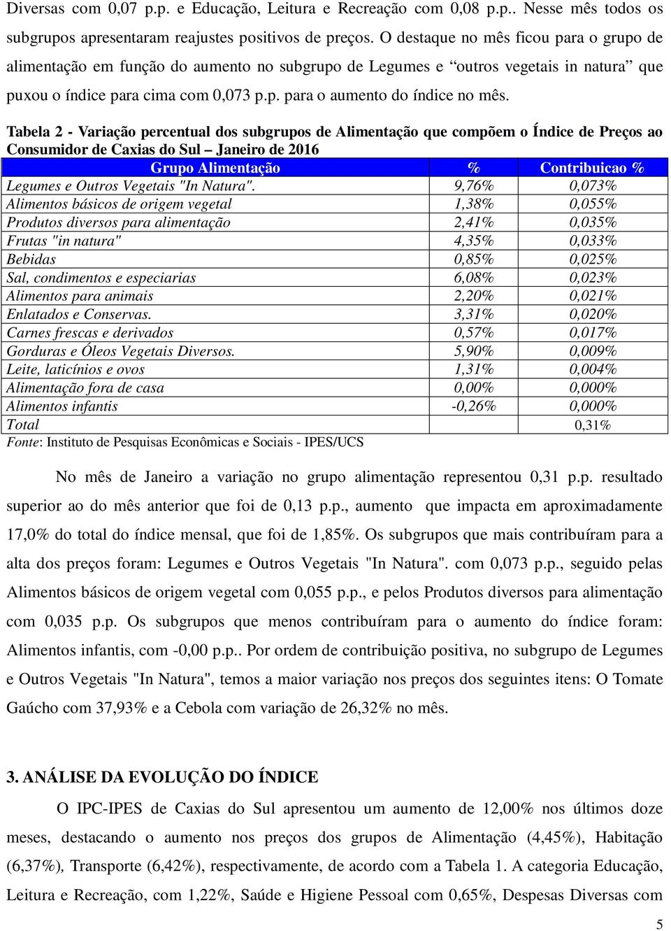 Tabela 2 - Variação percentual dos subgrupos de Alimentação que compõem o Índice de Preços ao Consumidor de Caxias do Sul Janeiro de 2016 Grupo Alimentação % Contribuicao % Legumes e Outros Vegetais