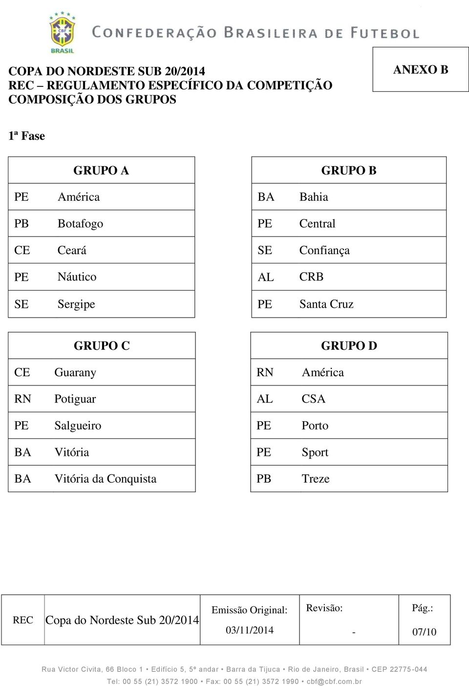 GRUPO C GRUPO D CE Guarany RN América RN Potiguar AL CSA PE Salgueiro PE Porto BA Vitória PE Sport BA Vitória da
