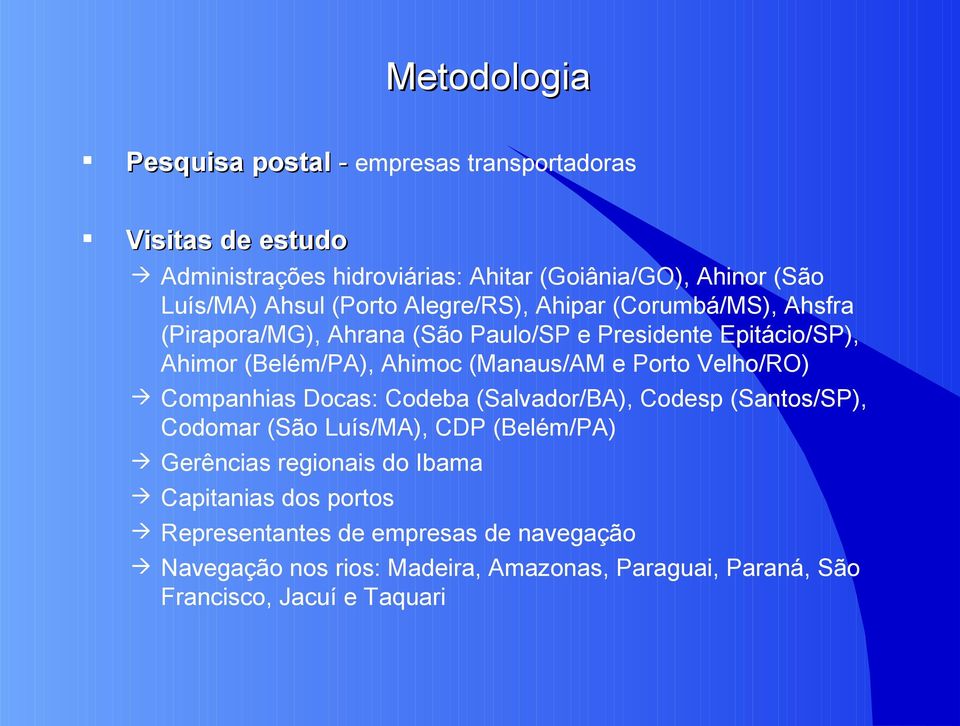 (Manaus/AM e Porto Velho/RO) Companhias Docas: Codeba (Salvador/BA), Codesp (Santos/SP), Codomar (São Luís/MA), CDP (Belém/PA) Gerências regionais