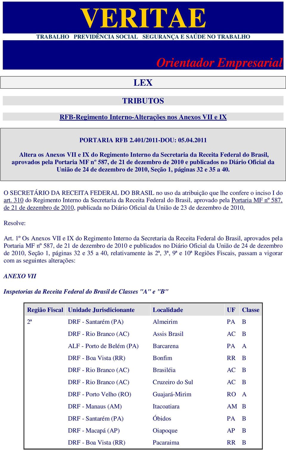 24 de dezembro de 2010, Seção 1, páginas 32 e 35 a 40. O SECRETÁRIO DA RECEITA FEDERAL DO BRASIL no uso da atribuição que lhe confere o inciso I do art.