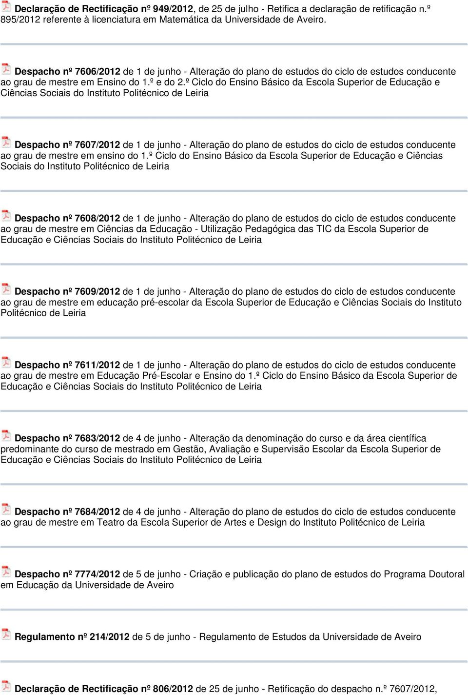 º Ciclo do Ensino Básico da Escola Superior de Educação e Ciências Sociais do Instituto Politécnico de Leiria Despacho nº 7607/2012 de 1 de junho - Alteração do plano de estudos do ciclo de estudos