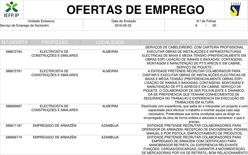 COM CARTEIRA PROFISSIONAL EXECUTAR OBRAS DE INSTALAÇÕES E INFRAESTRUTURAS ELECTRICAS DE BAIXA E MEDIA TENSÃO (PREFENCIALMENTE EM OBRAS EDP) LIGAÇÃO DE RAMAIS E BAIXADAS, CONTAGENS, MONTAGEM E