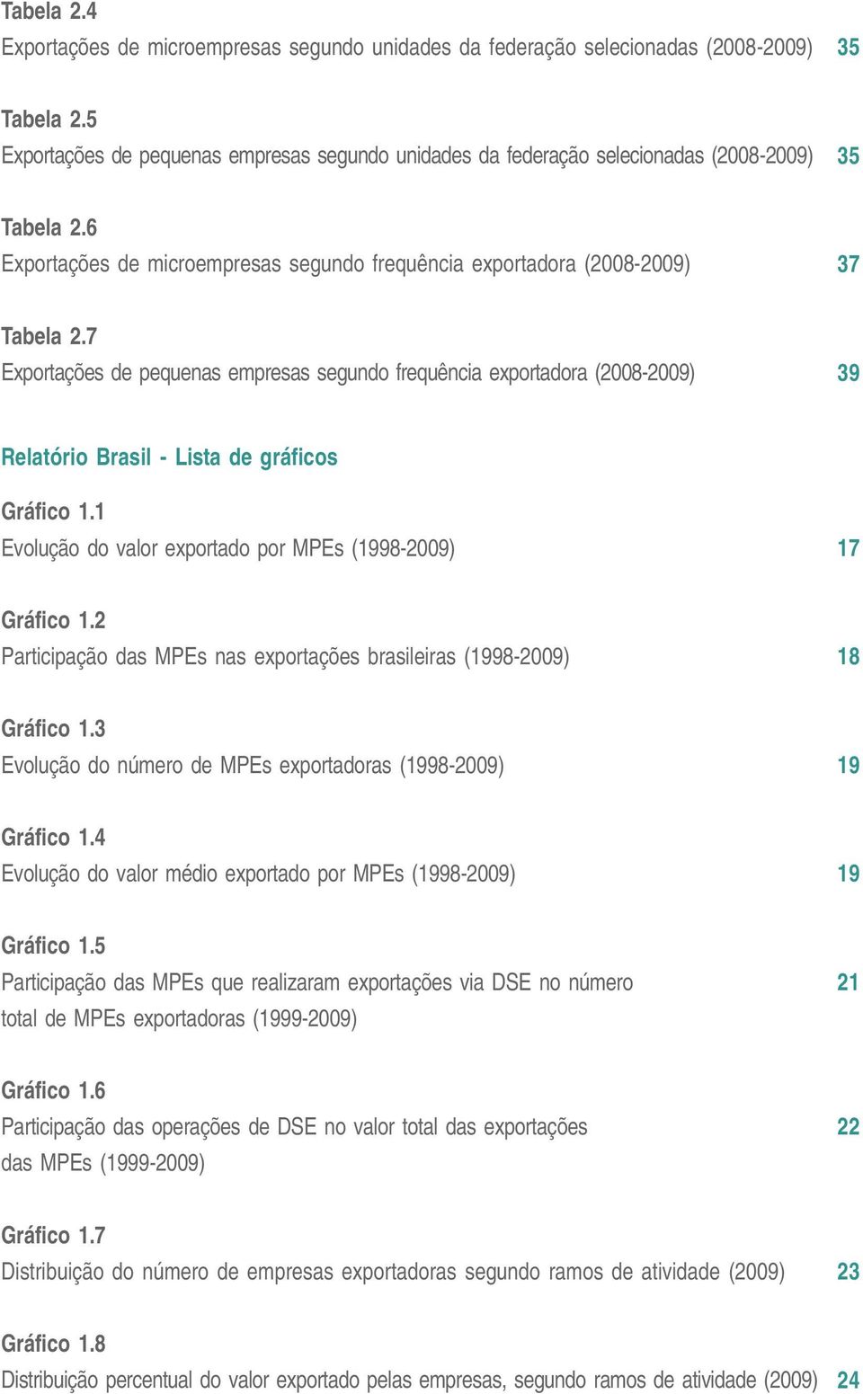 7 Exportações de pequenas empresas segundo frequência exportadora (2008-2009) 39 Relatório Brasil - Lista de gráficos Gráfico 1.1 Evolução do valor exportado por MPEs (1998-2009) 17 Gráfico 1.