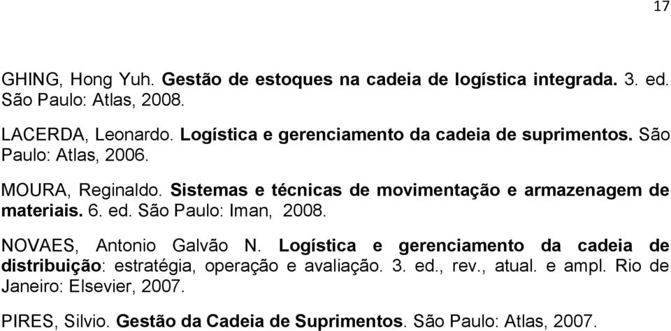 Sistemas e técnicas de movimentação e armazenagem de materiais. 6. ed. São Paulo: Iman, 2008. NOVAES, Antonio Galvão N.