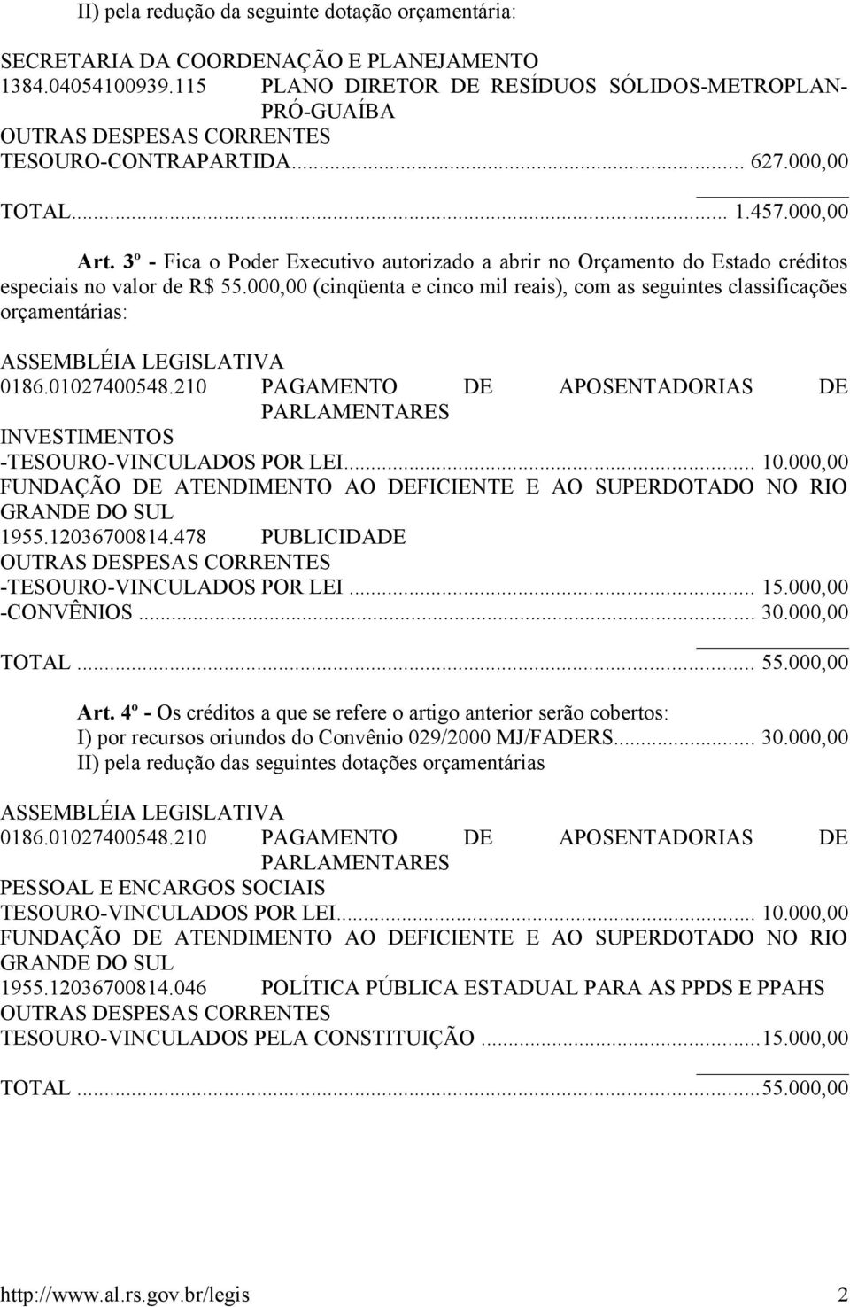 000,00 (cinqüenta e cinco mil reais), com as seguintes classificações orçamentárias: ASSEMBLÉIA LEGISLATIVA 0186.01027400548.