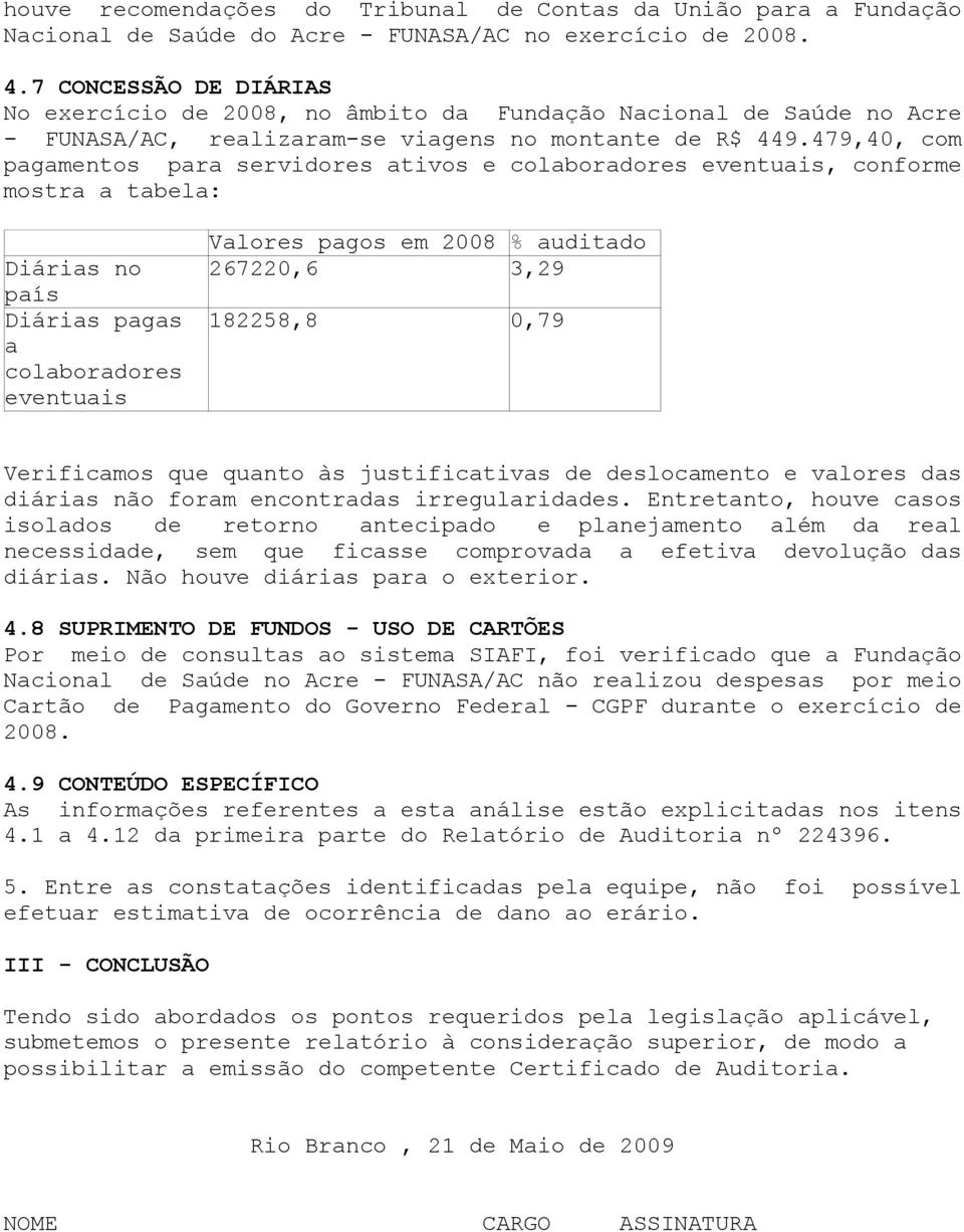 479,40, com pagamentos para servidores ativos e colaboradores eventuais, conforme mostra a tabela: Diárias no país Diárias pagas a colaboradores eventuais Valores pagos em 2008 % auditado 267220,6