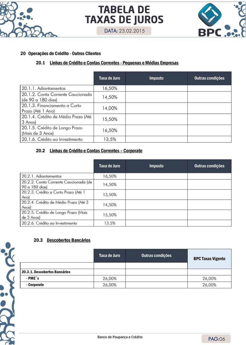 2 Linhas de Crédito e Contas Correntes Corporate Taxa de Juro Imposto Outras condições 20.2.1. Adiantamentos 16,50% 20.2.2. Conta Corrente Caucionada (de 90 a 180 dias) 14,50% 20.2.3.