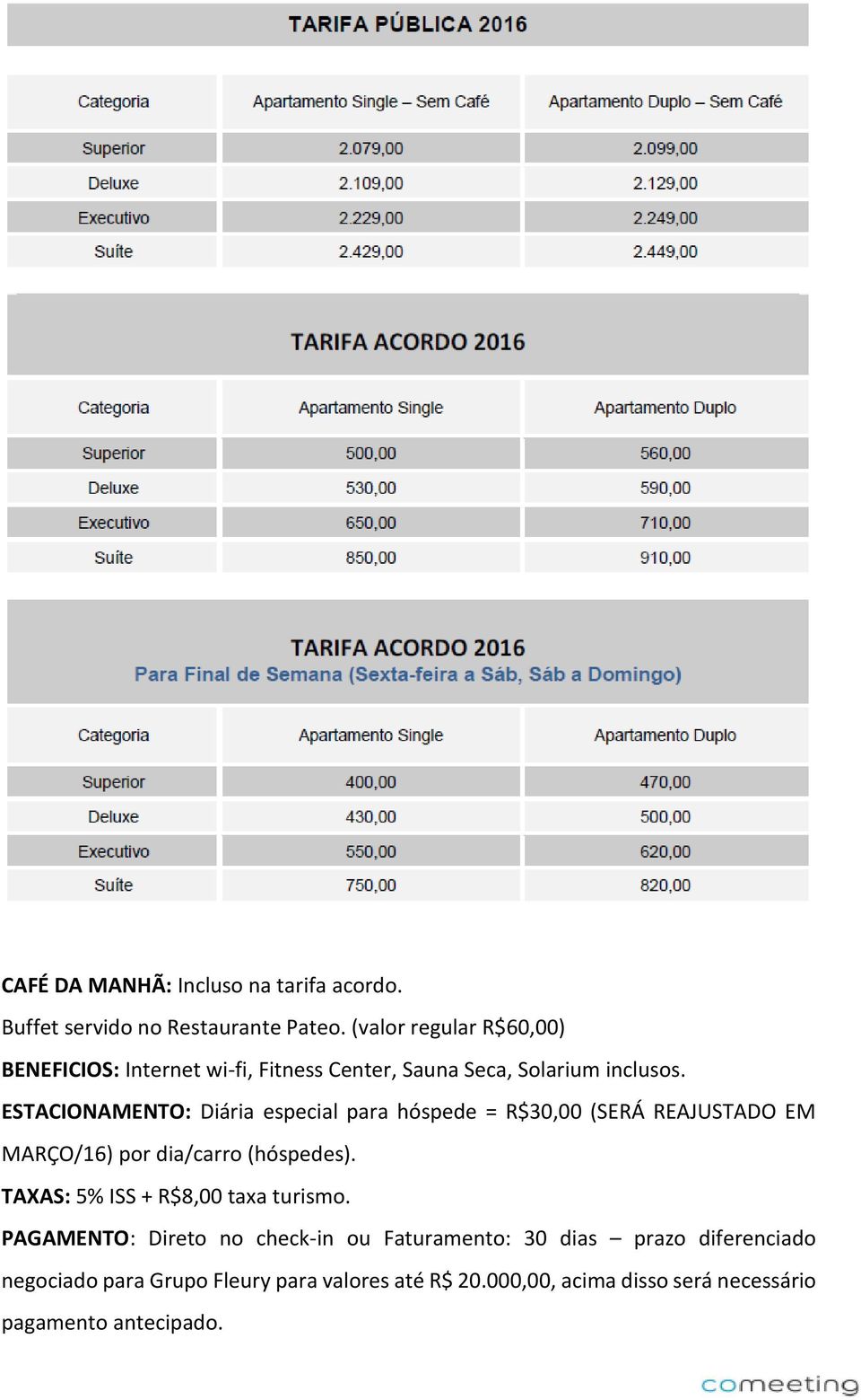 ESTACIONAMENTO: Diária especial para hóspede = R$30,00 (SERÁ REAJUSTADO EM MARÇO/16) por dia/carro (hóspedes).