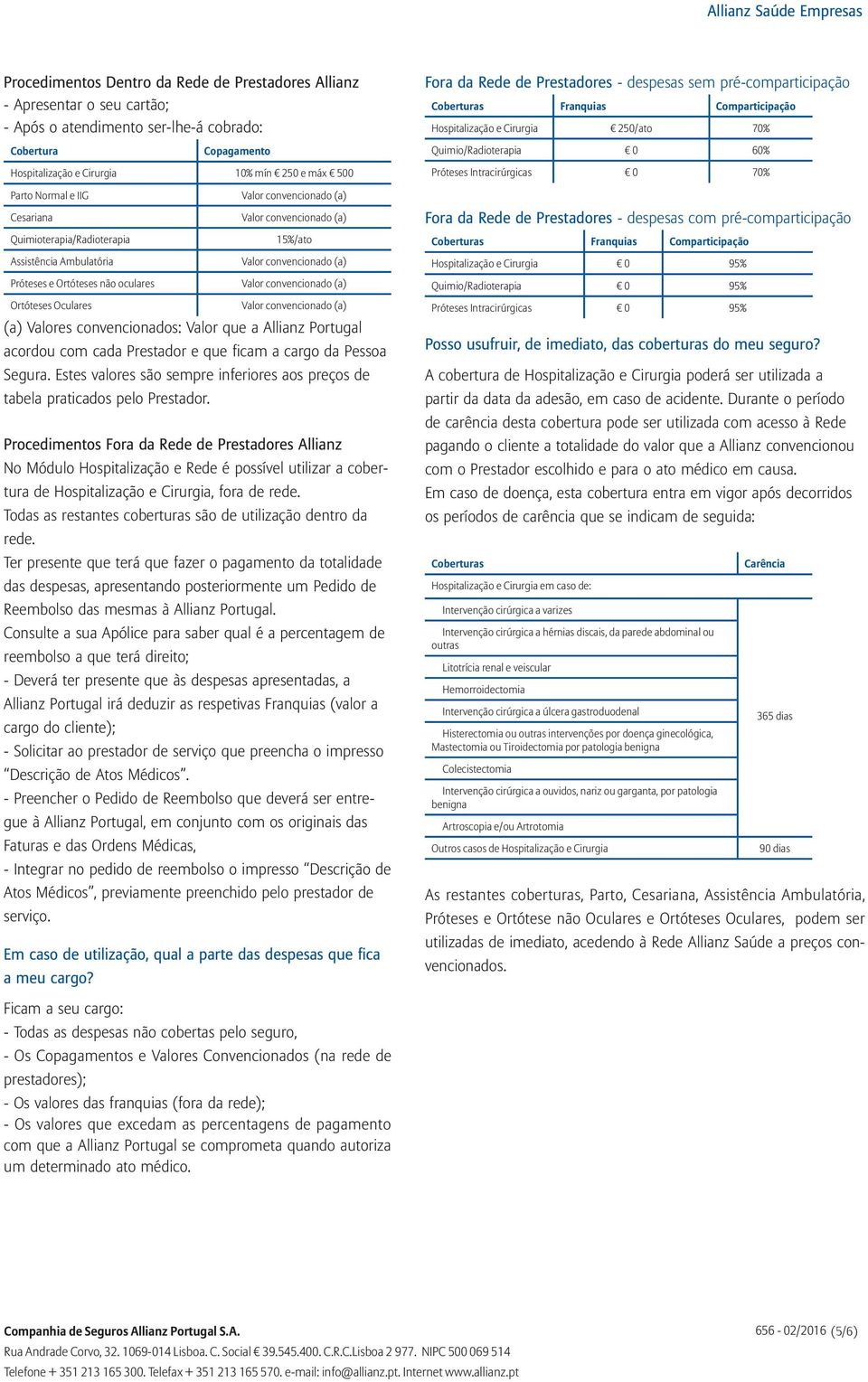 Quimioterapia/Radioterapia 15%/ato Assistência Ambulatória Próteses e Ortóteses não oculares Ortóteses Oculares (a) Valores convencionados: Valor que a Allianz Portugal acordou com cada Prestador e