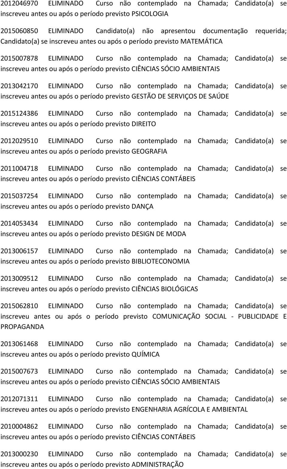 AMBIENTAIS 2013042170 ELIMINADO Curso não contemplado na Chamada; Candidato(a) se inscreveu antes ou após o período previsto GESTÃO DE SERVIÇOS DE SAÚDE 2015124386 ELIMINADO Curso não contemplado na