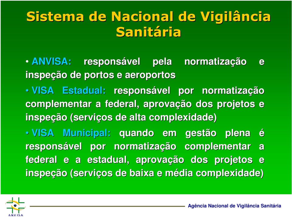 inspeção (serviços de alta complexidade) VISA Municipal: quando em gestão plena é responsável por