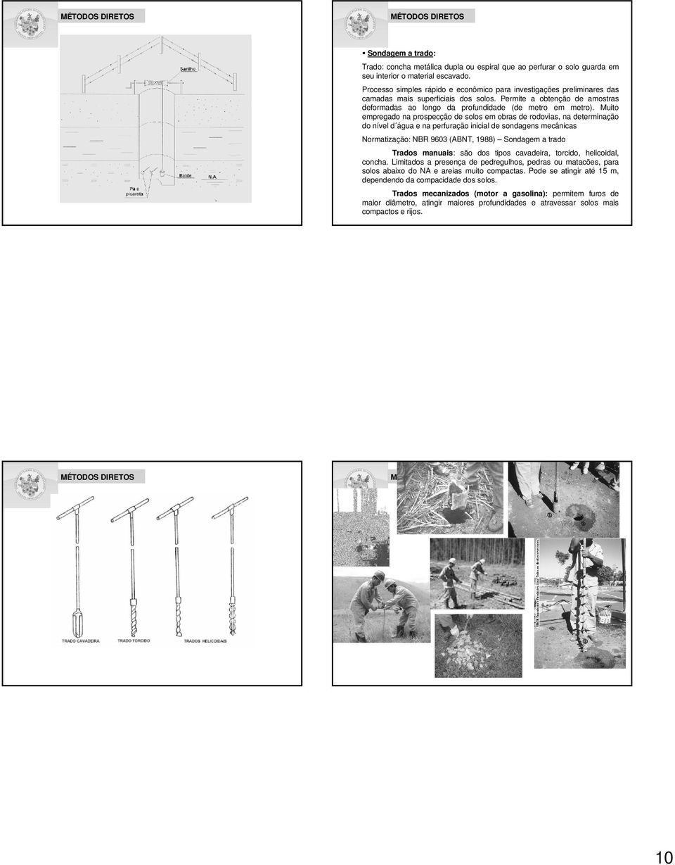 Muito empregado na prospecção de solos em obras de rodovias, na determinação do nível d água e na perfuração inicial de sondagens mecânicas Normatização: NBR 9603 (ABNT, 1988) Sondagem a trado Trados