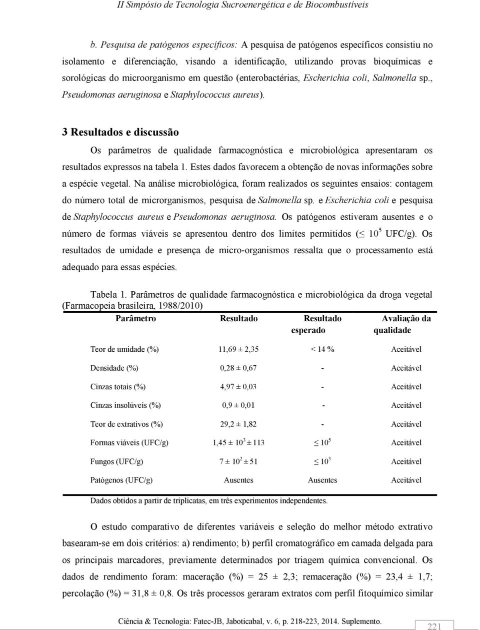 3 Resultados e discussão Os parâmetros de qualidade farmacognóstica e microbiológica apresentaram os resultados expressos na tabela 1.