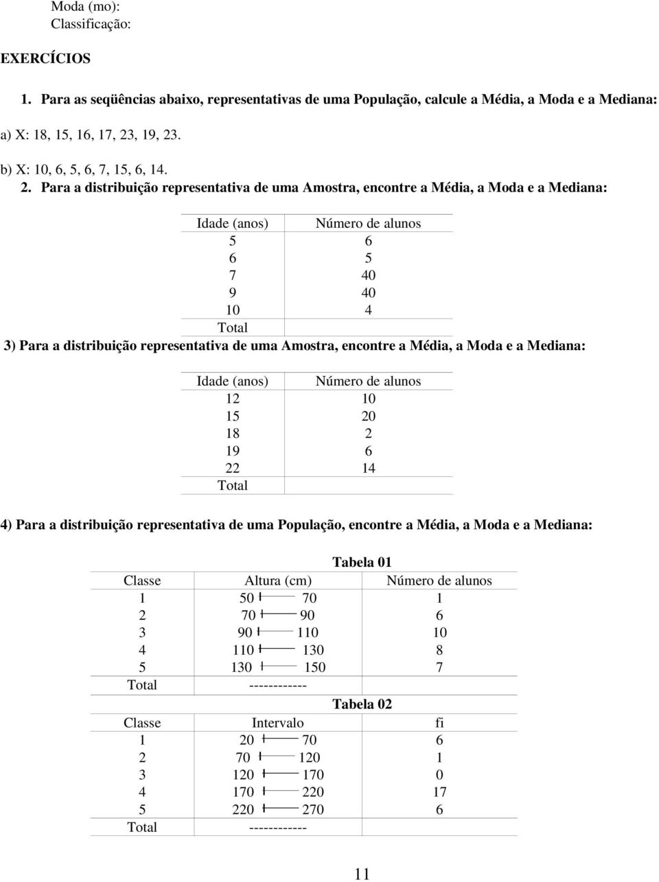 Para a distribuição representativa de uma Amostra, encontre a Média, a Moda e a Mediana: Idade (anos) Número de alunos 5 6 6 5 7 40 9 40 10 4 Total 3) Para a distribuição representativa de uma