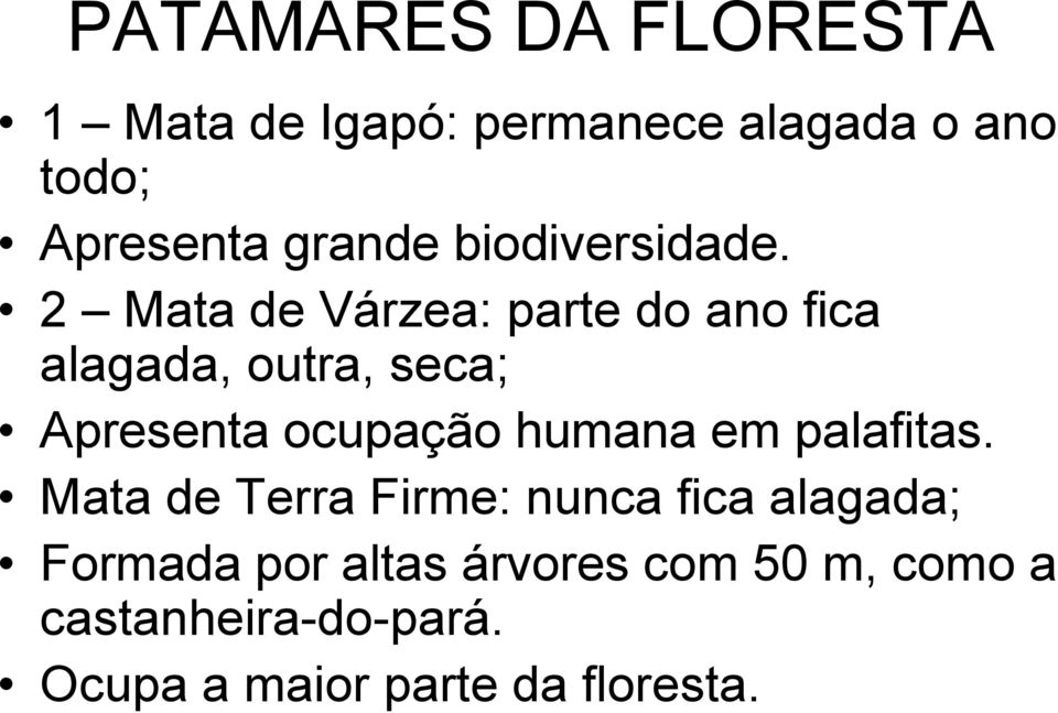 2 Mata de Várzea: parte do ano fica alagada, outra, seca; Apresenta ocupação humana