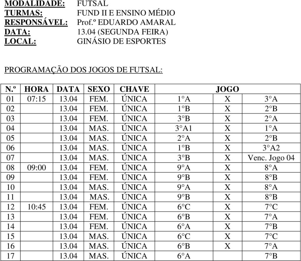 04 MAS. ÚNICA 3 A1 X 1 A 05 13.04 MAS. ÚNICA 2 A X 2 B 06 13.04 MAS. ÚNICA 1 B X 3 A2 07 13.04 MAS. ÚNICA 3 B X Venc. Jogo 04 08 09:00 13.04 FEM. ÚNICA 9 A X 8 A 09 13.04 FEM. ÚNICA 9 B X 8 B 10 13.