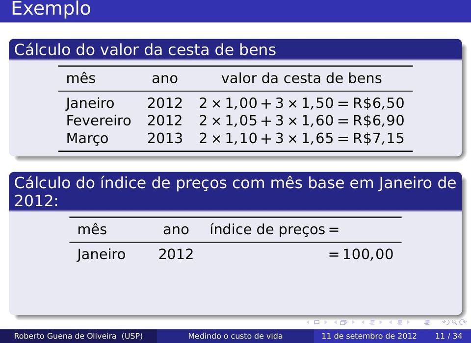 Cálculo do índice de preços com mês base em Janeiro de 2012: mês ano índice de preços =