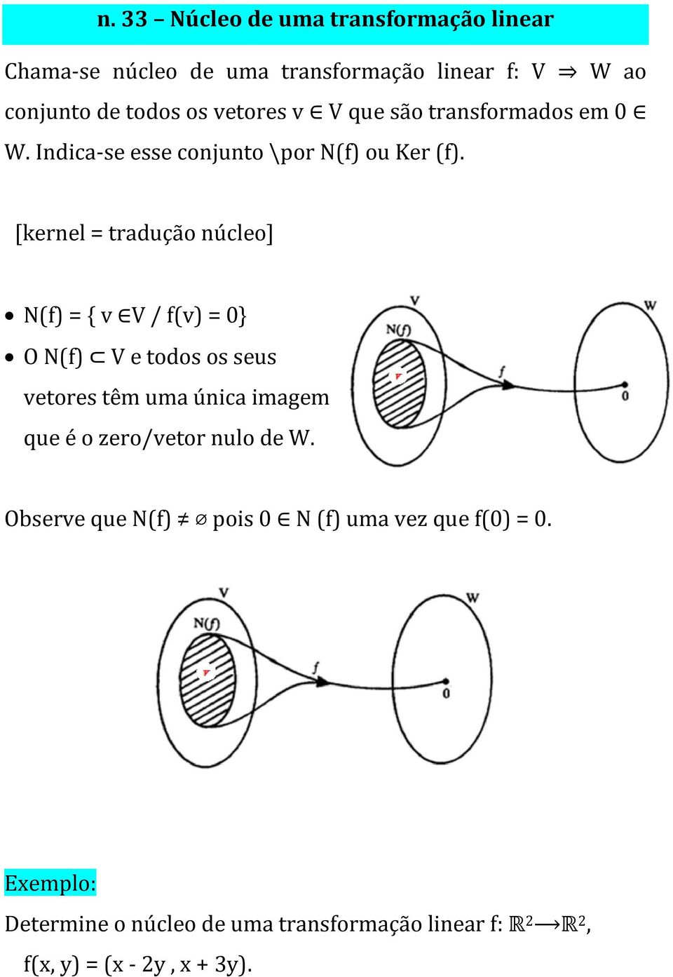 [kernel = tradução núcleo] N(f) = { v V / f(v) = 0} O N(f) V e todos os seus vetores têm uma única imagem que é o
