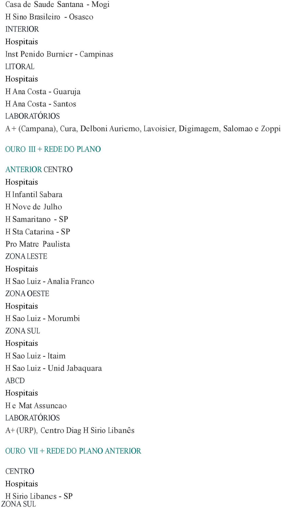 Nove de Julho H Samaritano - SP H Sta Catarina - SP Pro Matre Paulista ZONA LESTE H Sao Luiz - Analia Franco H Sao Luiz - Morumbi H Sao Luiz - Itaim H