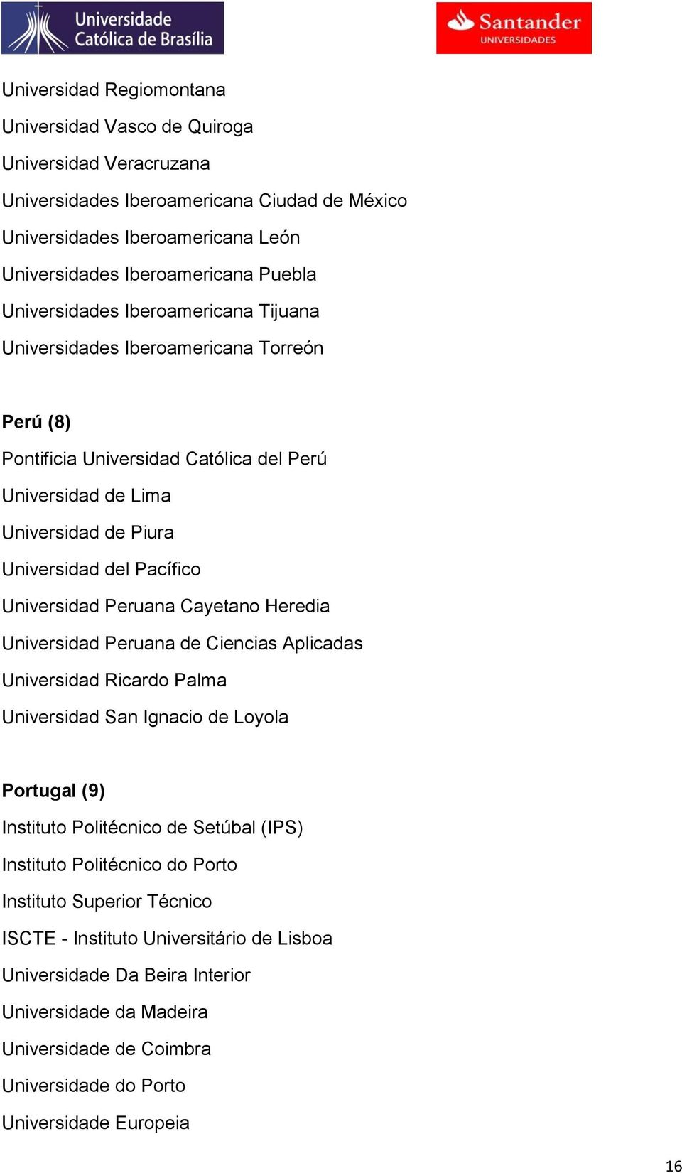 Universidad Peruana Cayetano Heredia Universidad Peruana de Ciencias Aplicadas Universidad Ricardo Palma Universidad San Ignacio de Loyola Portugal (9) Instituto Politécnico de Setúbal (IPS)