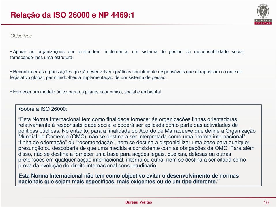 Fornecer um modelo único para os pilares económico, social e ambiental Sobre a ISO 26000: Esta Norma Internacional tem como finalidade fornecer às organizações linhas orientadoras relativamente à