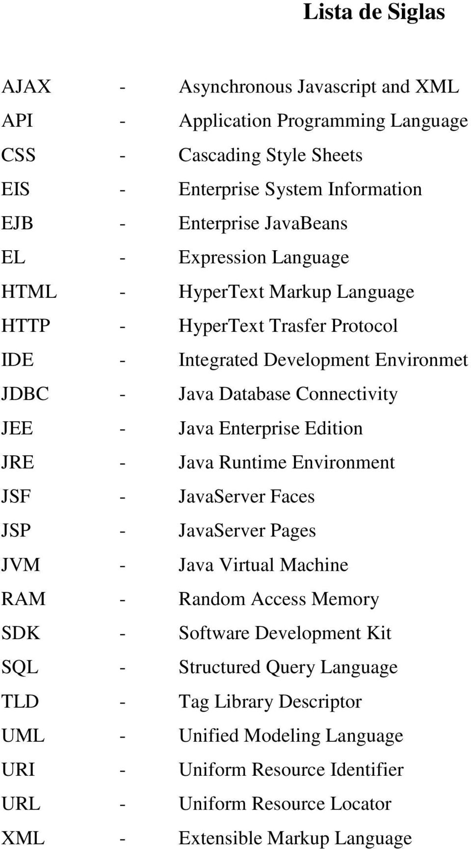 Java Enterprise Edition JRE - Java Runtime Environment JSF - JavaServer Faces JSP - JavaServer Pages JVM - Java Virtual Machine RAM - Random Access Memory SDK - Software Development