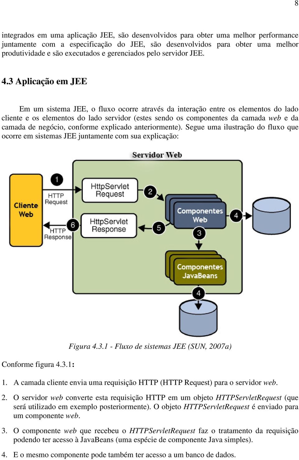 3 Aplicação em JEE Em um sistema JEE, o fluxo ocorre através da interação entre os elementos do lado cliente e os elementos do lado servidor (estes sendo os componentes da camada web e da camada de