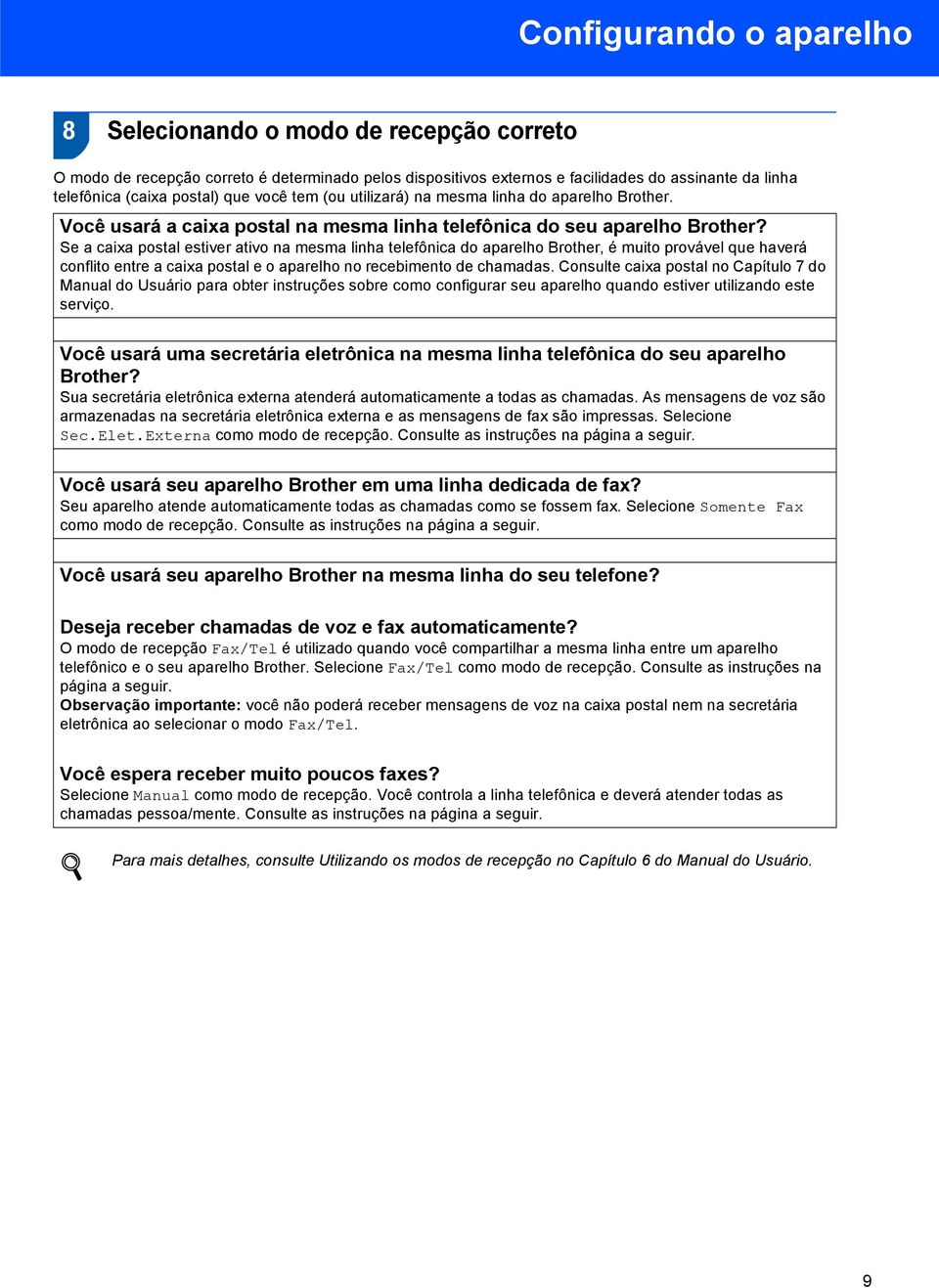 Se a caixa postal estiver ativo na mesma linha telefônica do aparelho Brother, é muito provável que haverá conflito entre a caixa postal e o aparelho no recebimento de chamadas.