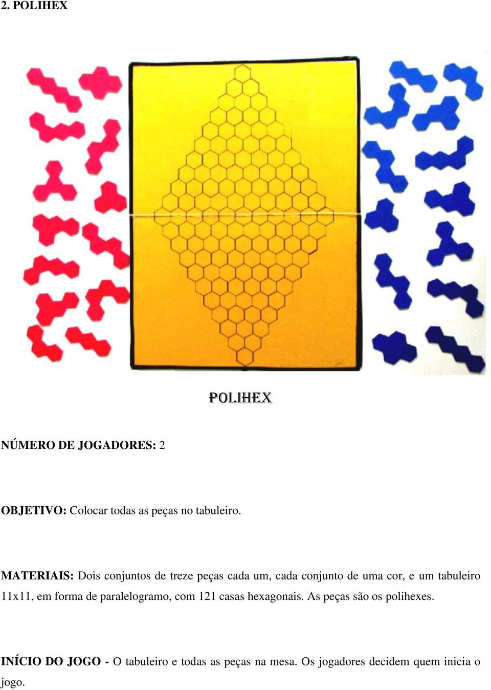 11x11, em forma de paralelogramo, com 121 casas hexagonais. As peças são os polihexes.