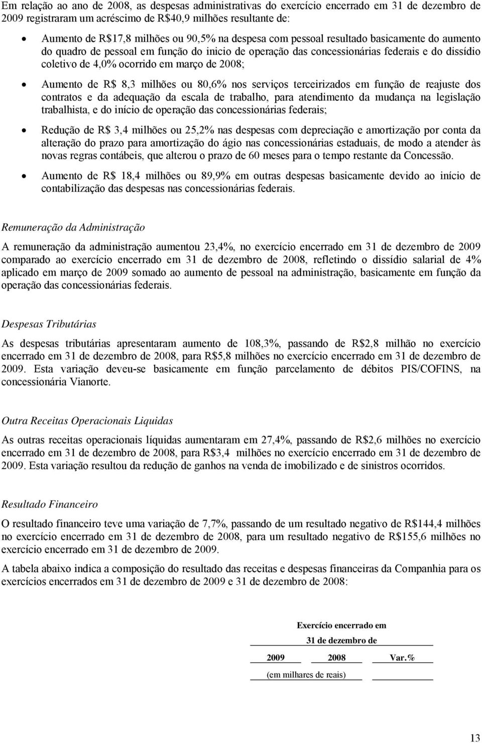 Aumento de R$ 8,3 milhões ou 80,6% nos serviços terceirizados em função de reajuste dos contratos e da adequação da escala de trabalho, para atendimento da mudança na legislação trabalhista, e do