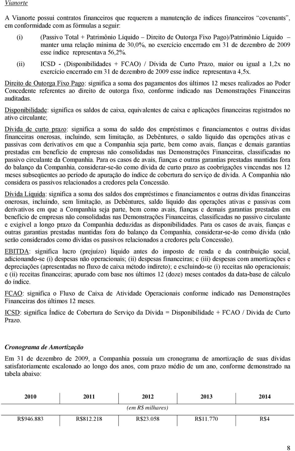 (ii) ICSD - (Disponibilidades + FCAO) / Dívida de Curto Prazo, maior ou igual a 1,2x no exercício encerrado em 31 de dezembro de 2009 esse índice representava 4,5x.